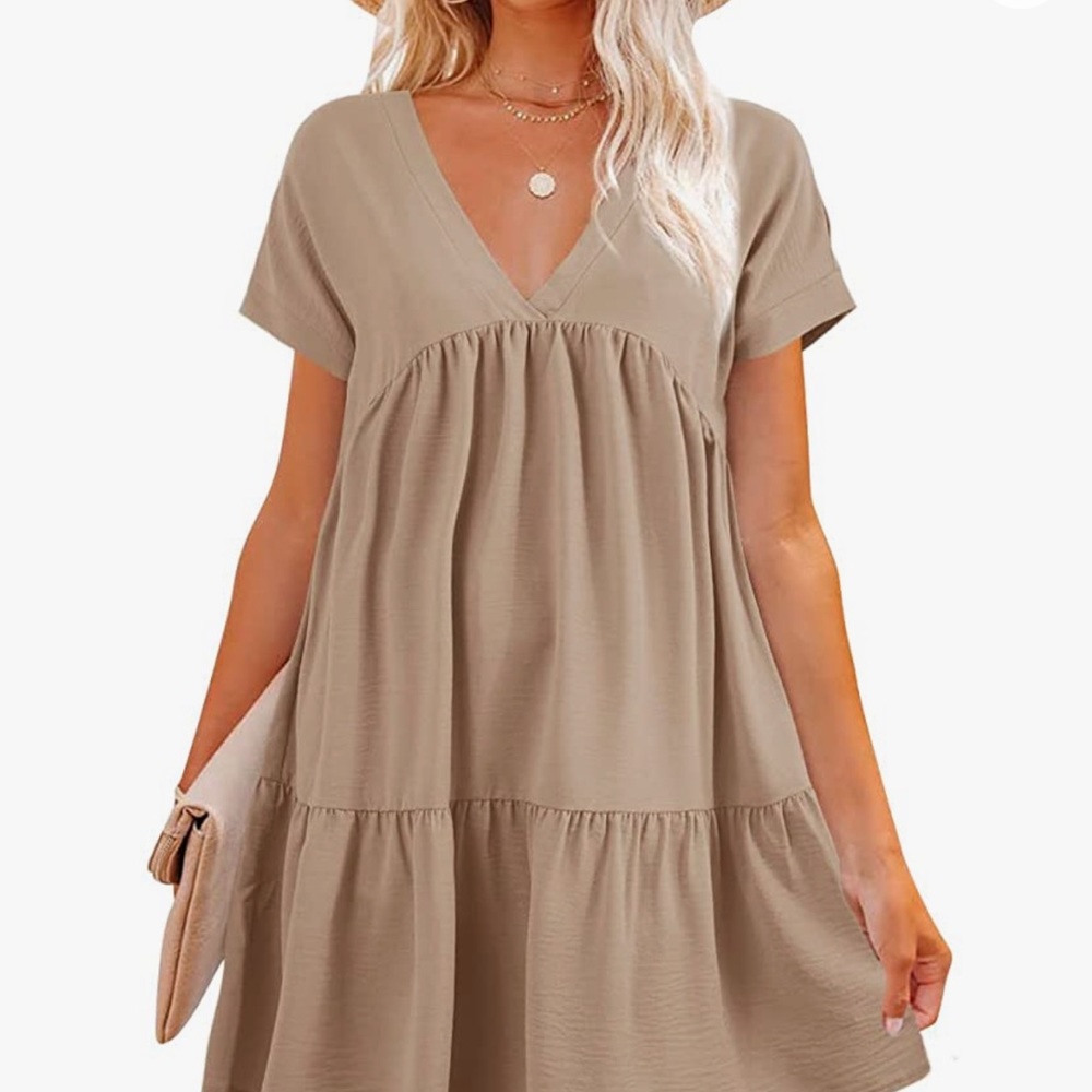 Women V-Neck Swing Shift Dress Casual Summer Mini Tunic Khaki size large